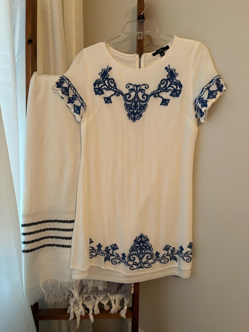 Lulu's White Shift Dress with Blue Embroidered Trim